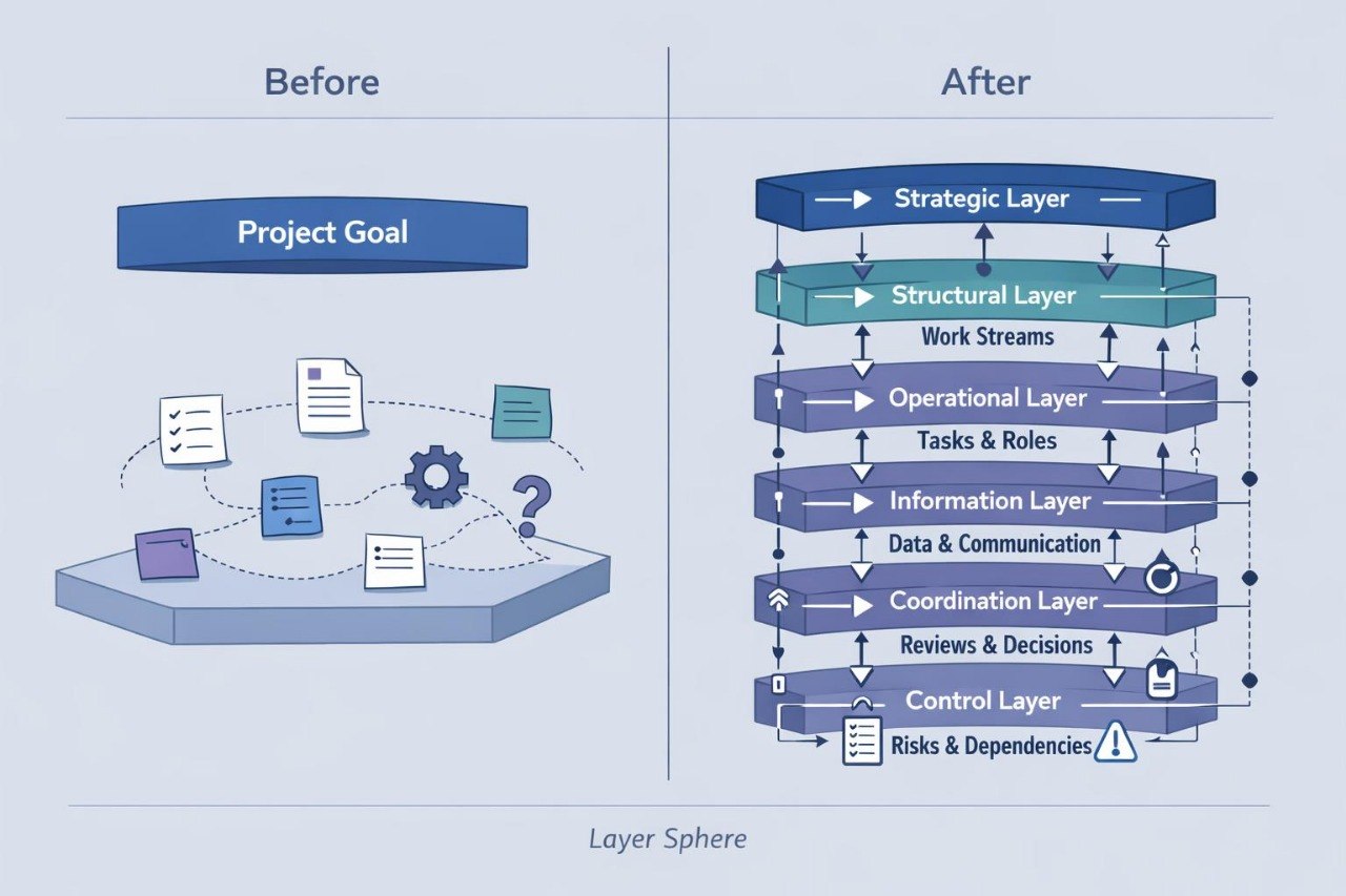A before-and-after diagram on a light blue background showing a project goal model. The left side, labeled 'Before,' depicts a flat project goal with floating documents and a gear icon.