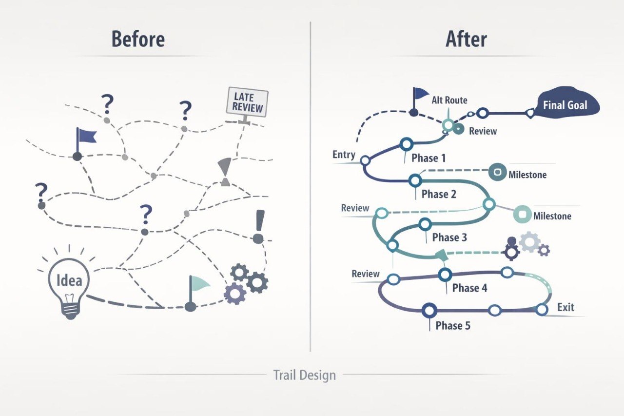 A comparison graphic labeled 'Before' and 'After' showing a trail design concept. The left 'Before' side has a messy, abstract network of dashed lines, question marks, flags, gears, and a lightbulb.