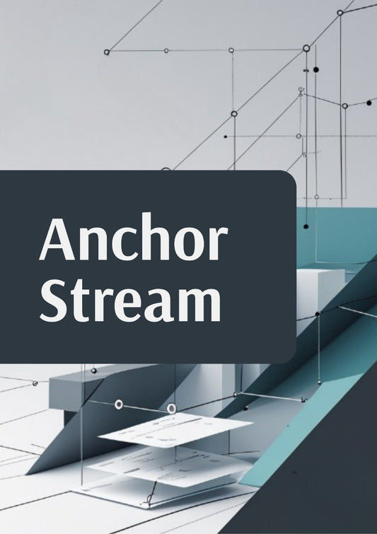 A digital graphic with the text 'Anchor Stream' in white inside a dark charcoal rounded rectangle, overlaid on a modern abstract 3D geometric background of white, gray, and teal shapes connected by thin lines.