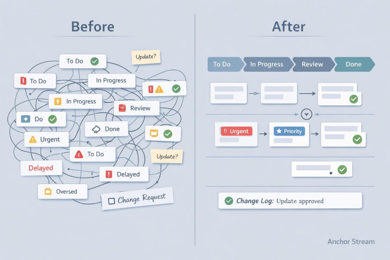A comparison graphic labeled 'Before' and 'After' showing a before-and-after workflow or task management diagram. The left 'Before' side has tangled lines and labels such as To Do, In Progress, Review, Done, Urgent, and Delayed.