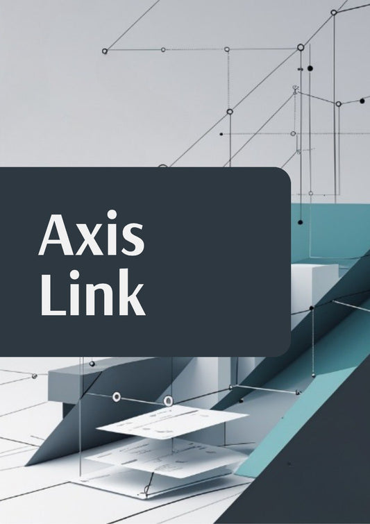 A digital graphic with the words 'Axis Link' in white text inside a dark gray rounded rectangle, overlaid on a modern abstract 3D geometric background of white, gray, and teal shapes connected by thin lines.