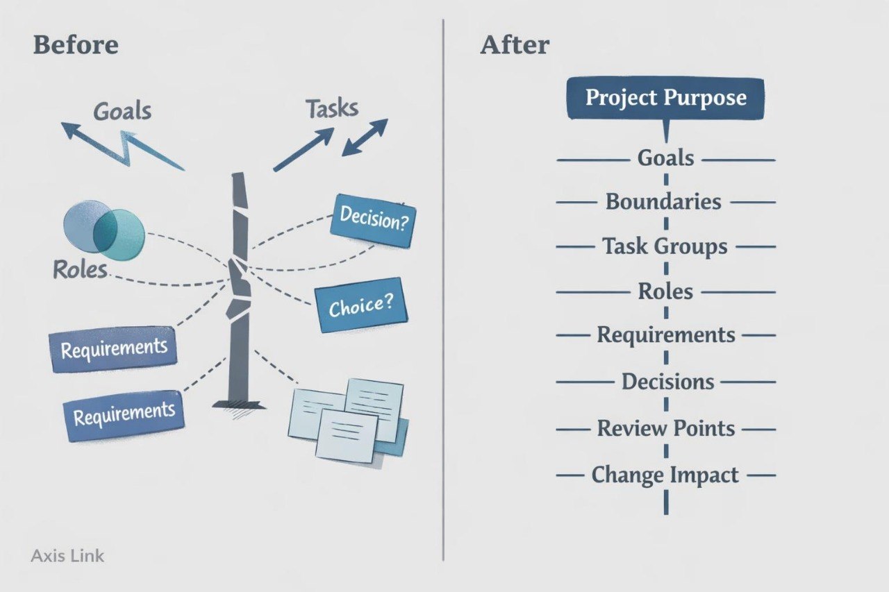 A comparison diagram labeled 'Before' and 'After' on a light gray background. The left side shows a tree-like flow with arrows pointing to Goals, Tasks, Roles, Requirements, and Choice? using blue labels.