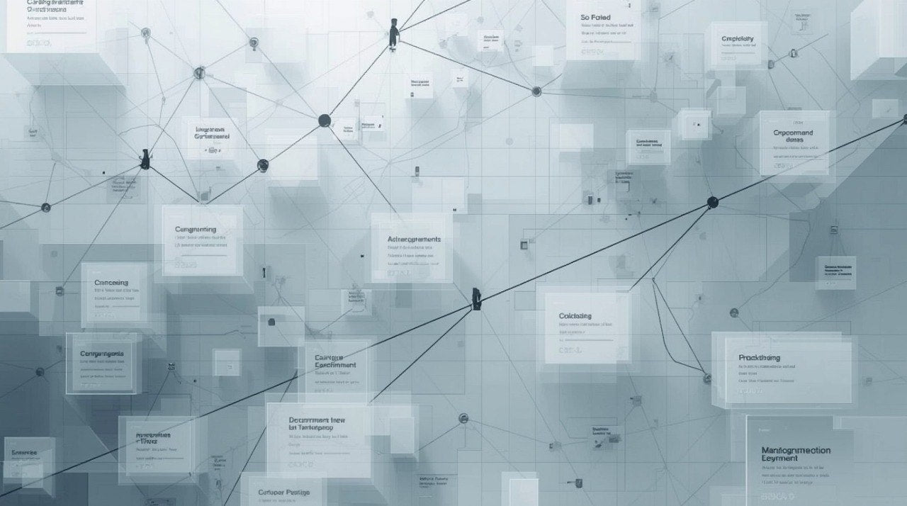 Abstract digital illustration of a connected network with floating cards, lines, and small human silhouettes on a pale blue-gray background.