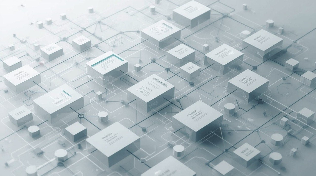 Abstract 3D digital rendering of a network or data architecture, featuring white rectangular server blocks, nodes, and connecting lines on a light gray background.