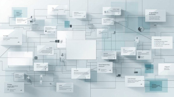 Abstract digital network diagram with connected translucent cards, lines, and small human silhouettes on a pale blue background.