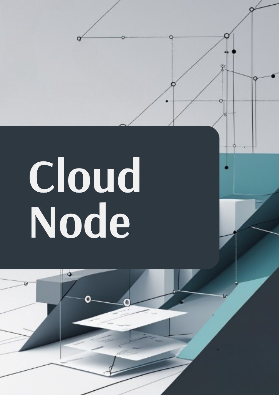 A digital graphic with the words 'Cloud Node' in white text inside a dark gray rounded rectangle, overlaid on a stylized 3D architectural rendering of geometric structures and lines in gray, white, and teal.