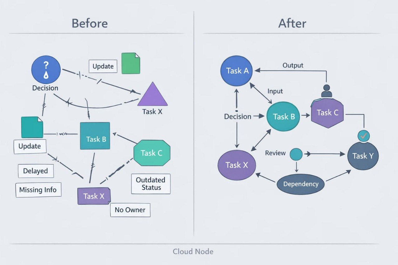 A comparison diagram labeled Before and After showing a cloud workflow or task dependency flow. The left side shows a messy, tangled workflow with nodes such as Decision, Update, Task X, Task B, and Task C.
