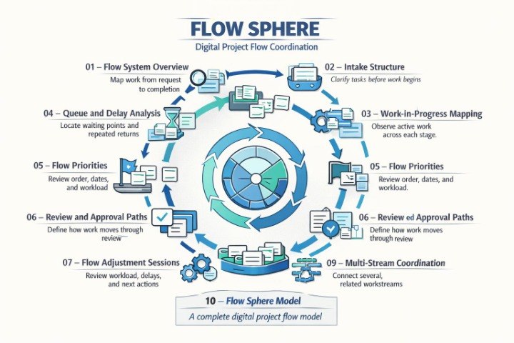 A digital infographic titled 'FLOW SPHERE' showing a circular project flow model with numbered steps from overview to multi-stream coordination, using blue, teal, and gray icons on a white background.