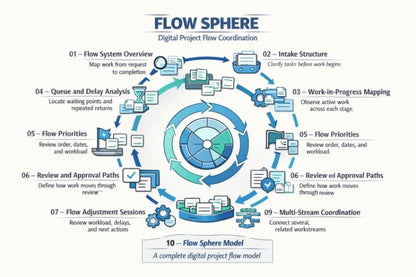 A digital infographic titled 'FLOW SPHERE' showing a circular project flow model with numbered steps from overview to multi-stream coordination, using blue, teal, and gray icons on a white background.