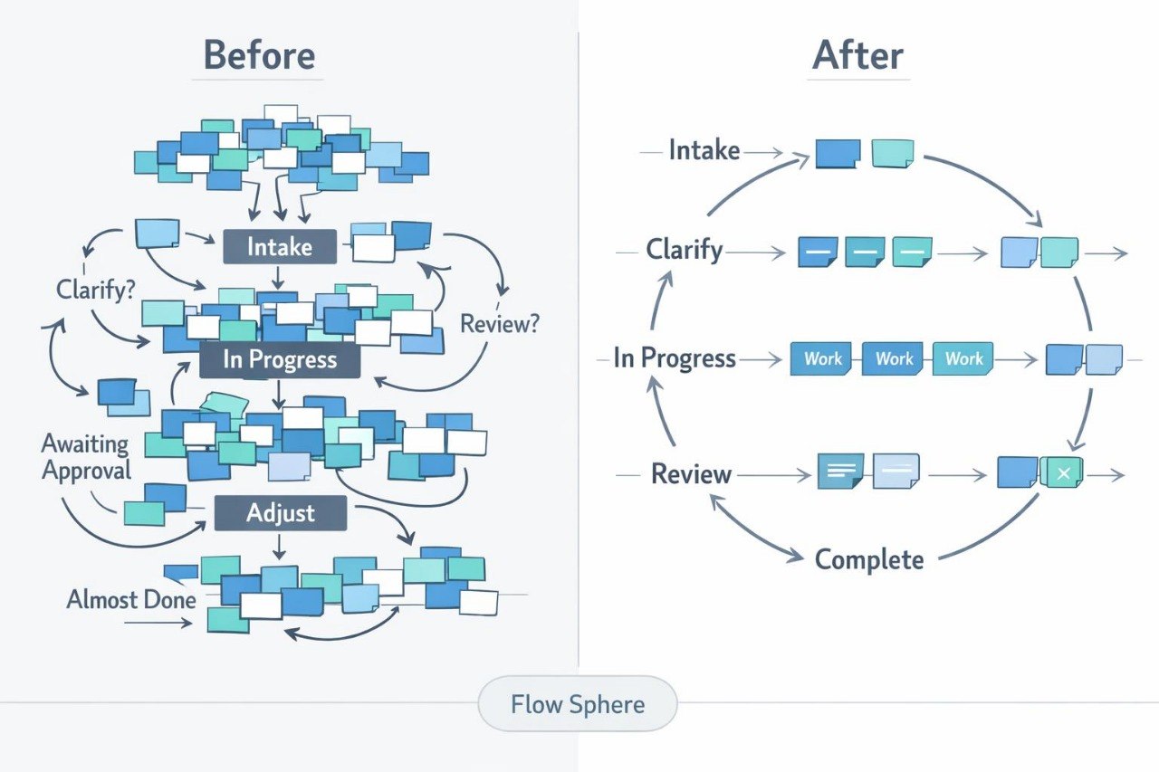 A comparison diagram labeled 'Before' and 'After' showing a workflow or process flow with colored task blocks and arrows. The left side depicts a cluttered, tangled process, while the right side shows a streamlined, circular workflow with labels such as Intake, Clarify, In Progress, Review, and Complete.