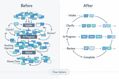 A comparison diagram labeled 'Before' and 'After' showing a workflow or process flow with colored task blocks and arrows. The left side depicts a cluttered, tangled process, while the right side shows a streamlined, circular workflow with labels such as Intake, Clarify, In Progress, Review, and Complete.