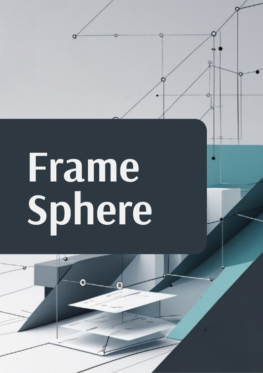 A digital graphic with the words 'Frame Sphere' in white text inside a dark gray rounded rectangle, overlaid on an abstract 3D geometric scene with lines, planes, and teal and gray shapes.