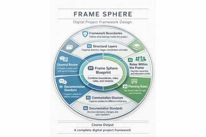 A circular infographic titled 'FRAME SPHERE' with the subtitle 'Digital Project Framework Design,' showing layered blue, teal, and white sections labeled with project management concepts such as structural layers, roles within the frame, planning rules, documentation standards, and communication structure.