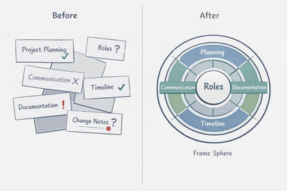 A before-and-after diagram showing a project documentation process. On the left, labeled 'Before,' several loose cards are scattered, including labels for Project Planning, Roles, Communication, Timeline, and Documentation.