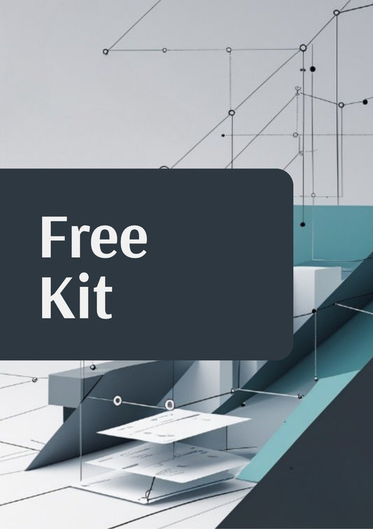 A digital graphic with the words 'Free Kit' in white text inside a dark gray rounded rectangle, overlaid on an abstract 3D geometric design in white, gray, and teal.