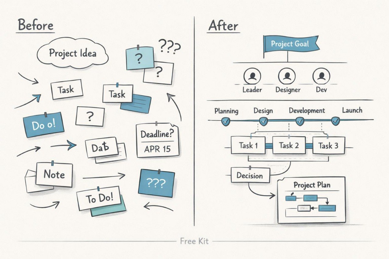 A before-and-after productivity flowchart illustration on a light cream background. The left side, labeled 'Before,' shows scattered sticky notes and question marks around project ideas and tasks.