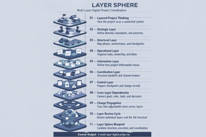 An infographic titled 'Layer Sphere' showing a vertical layered diagram with icons and a list of 11 project coordination layers from conceptual thinking to blueprint phase, on a pale blue background.