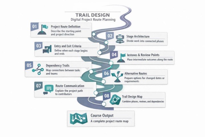 A digital infographic diagram titled 'TRAIL DESIGN' showing a 0-8 step process for digital project route planning, with numbered boxes connected by a winding blue-gray trail on a white background.