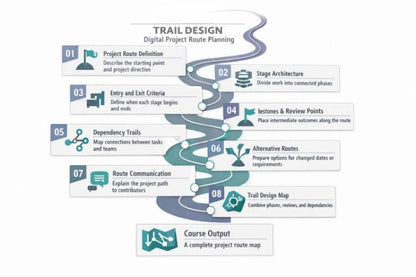 A digital infographic diagram titled 'TRAIL DESIGN' showing a 0-8 step process for digital project route planning, with numbered boxes connected by a winding blue-gray trail on a white background.
