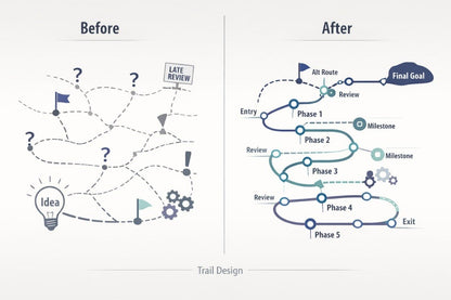 A comparison graphic labeled 'Before' and 'After' showing a trail design concept. The left 'Before' side has a messy, abstract network of dashed lines, question marks, flags, gears, and a lightbulb.