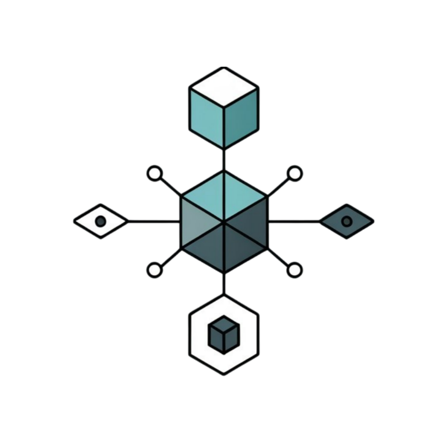 A minimalist geometric logo or icon featuring a central hexagonal shape with a faceted teal and dark gray center, connected to four stylized elements including cubes and diamond-like shapes on a plain white background.