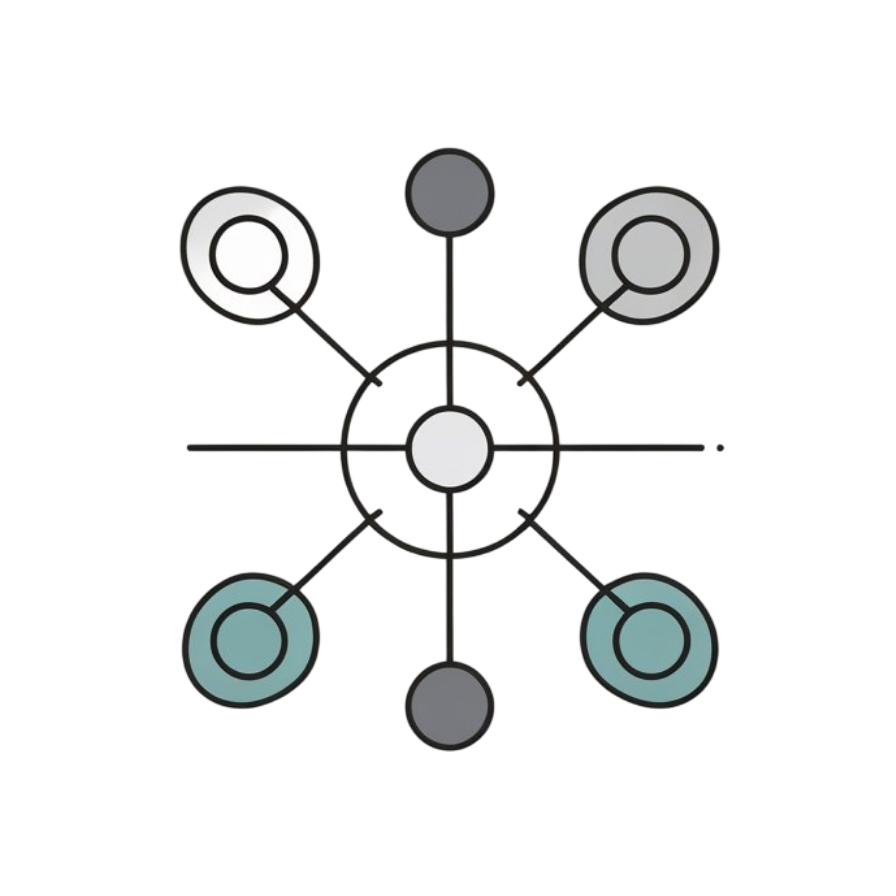 A minimalist circular diagram with a central hub and six radiating lines ending in circles, shown on a plain white background.