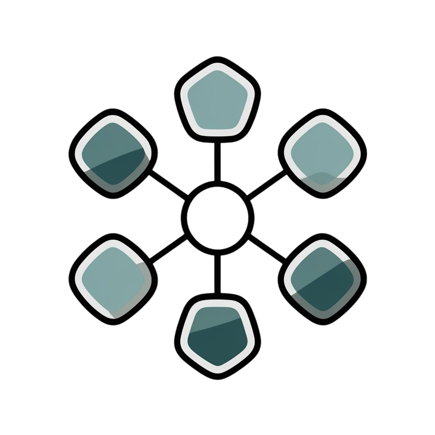 A stylized circular graphic with six rounded petal-like shapes radiating from a central white circle, shown on a solid black background.