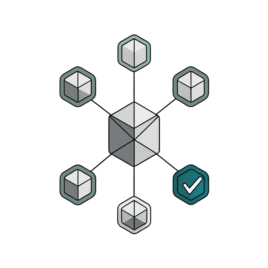 A minimalist vector-style diagram on a white background showing a central gray cube connected to six surrounding hexagonal icons, with one teal icon containing a white checkmark.