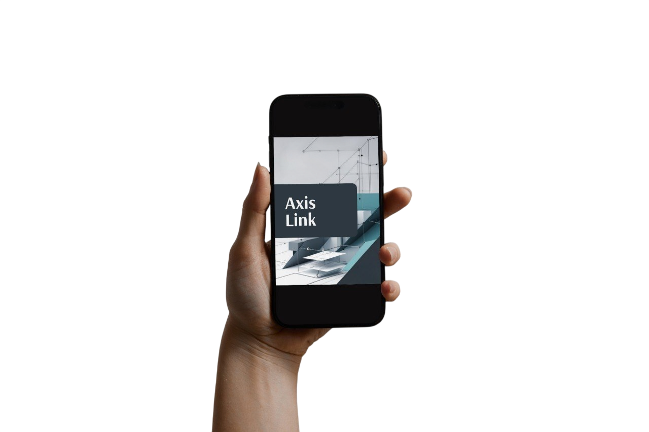 A hand holding a black smartphone against a solid white background. The screen of the phone displays the 'Axis Link' software interface.