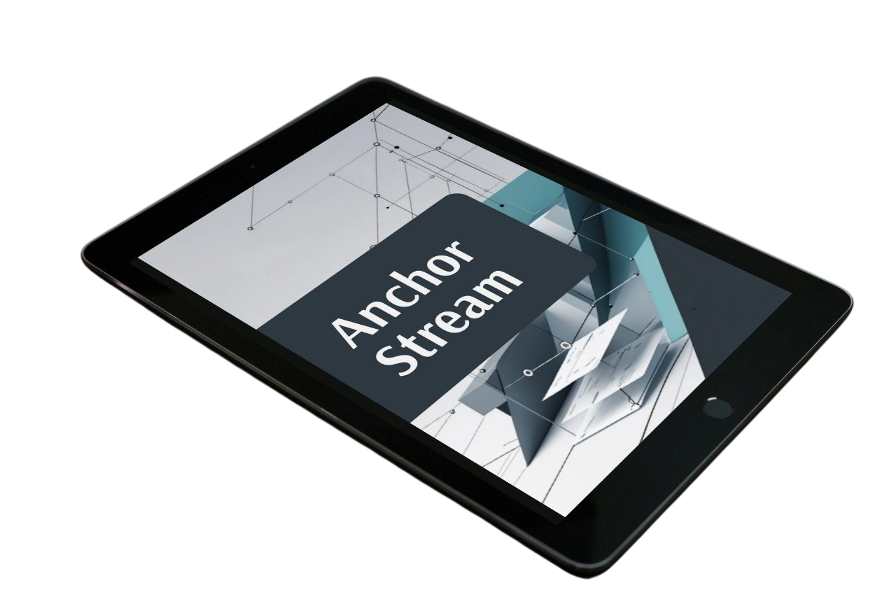 A black tablet device shown at an angle on a plain white background, with the screen displaying the text 'Anchor Stream' over a geometric abstract graphic.