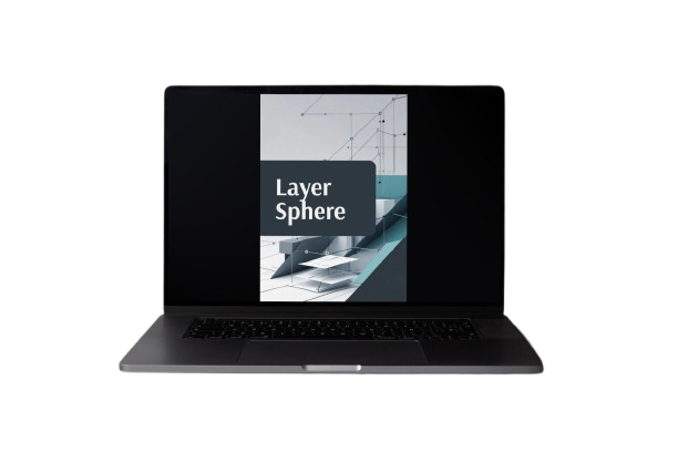 A dark gray laptop shown open against a plain white background, with the screen displaying a graphic that reads 'Layer Sphere'.